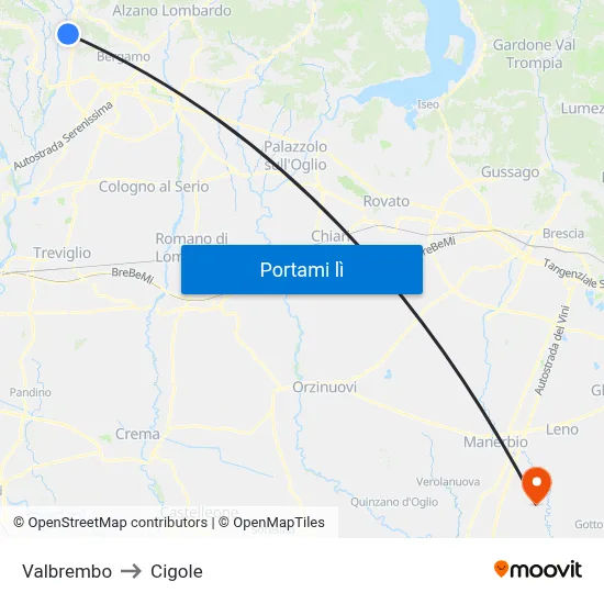 Valbrembo to Cigole map