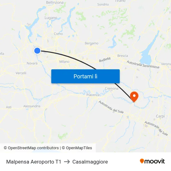 Malpensa Aeroporto T1 to Casalmaggiore map