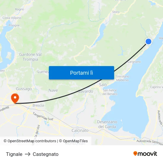 Tignale to Castegnato map