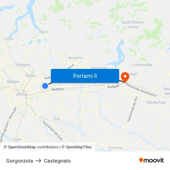 Gorgonzola to Castegnato map