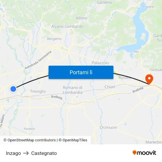 Inzago to Castegnato map