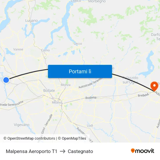 Malpensa Aeroporto T1 to Castegnato map