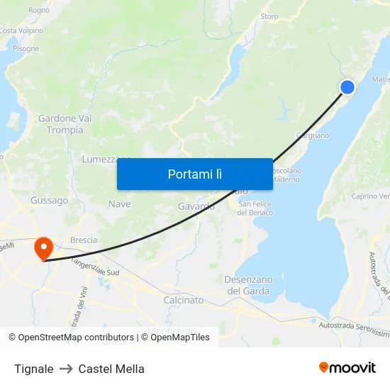 Tignale to Castel Mella map