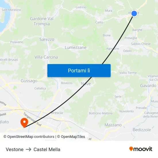 Vestone to Castel Mella map