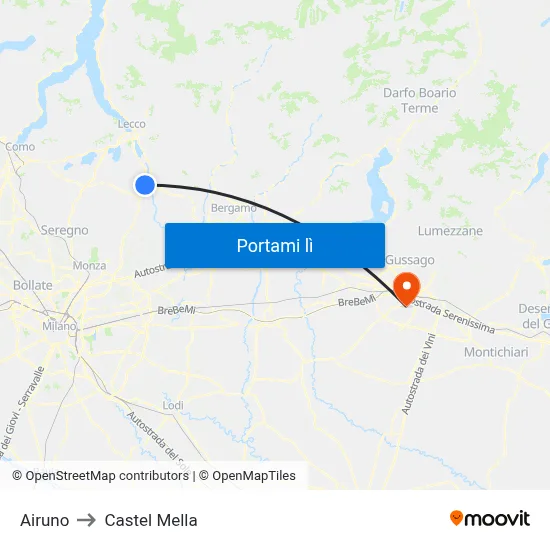 Airuno to Castel Mella map