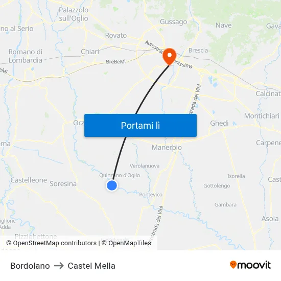 Bordolano to Castel Mella map