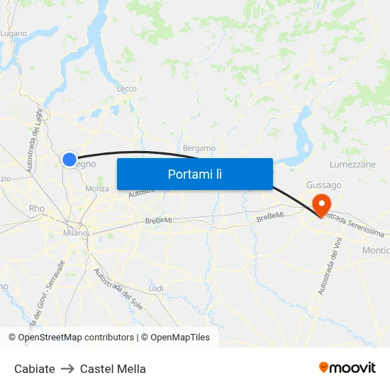 Cabiate to Castel Mella map