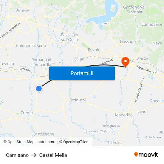 Camisano to Castel Mella map