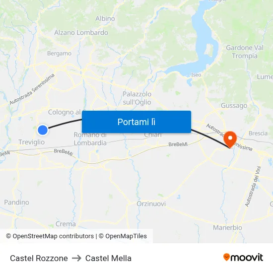 Castel Rozzone to Castel Mella map