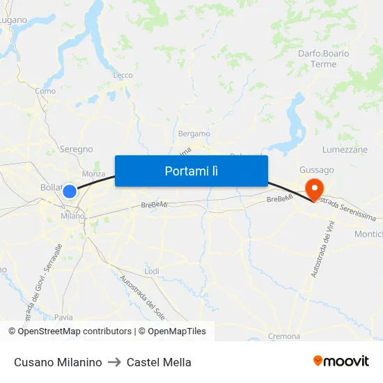 Cusano Milanino to Castel Mella map