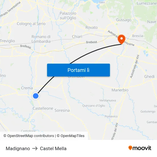 Madignano to Castel Mella map