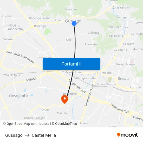 Gussago to Castel Mella map