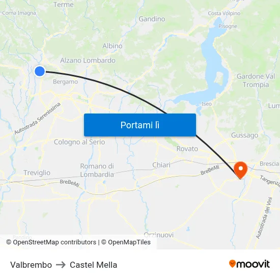 Valbrembo to Castel Mella map