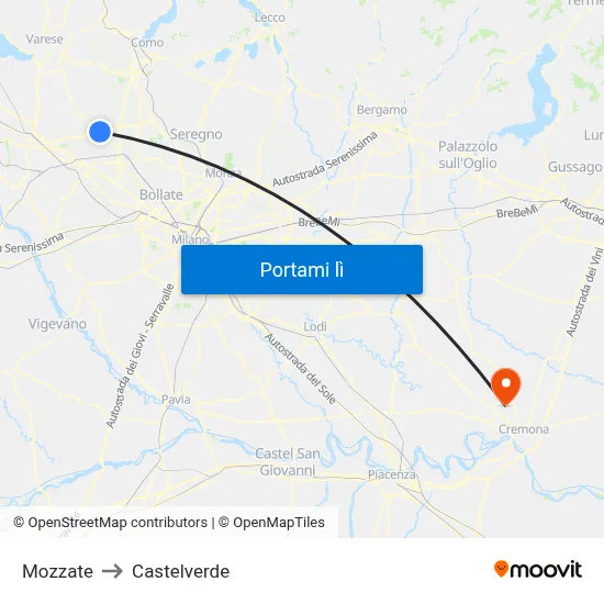 Mozzate to Castelverde map