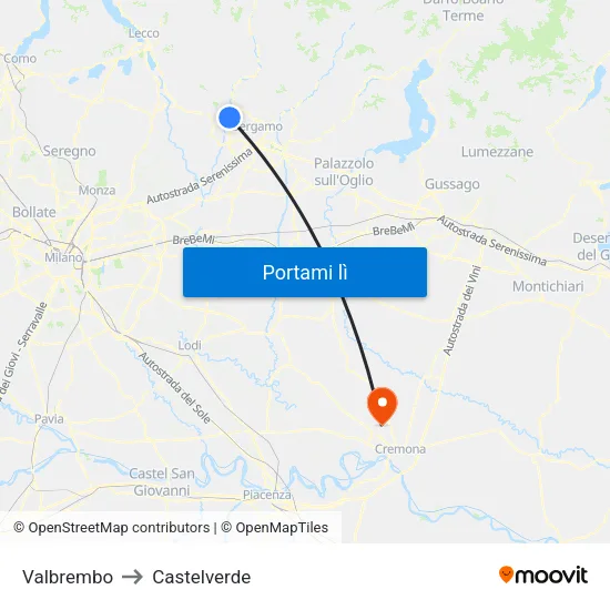 Valbrembo to Castelverde map