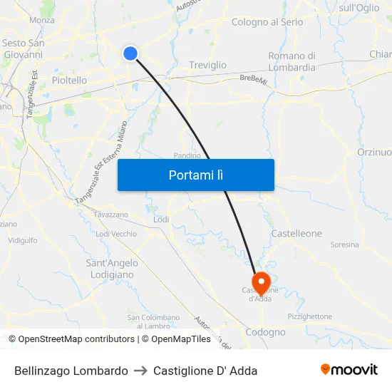 Bellinzago Lombardo to Castiglione D' Adda map