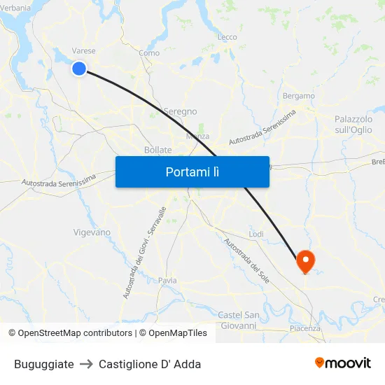 Buguggiate to Castiglione D' Adda map