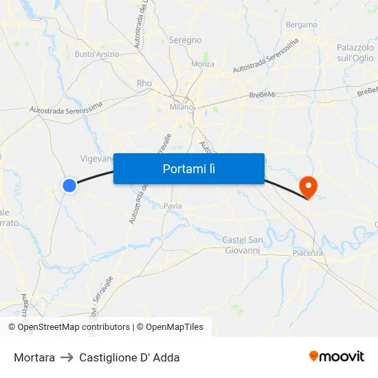 Mortara to Castiglione D' Adda map