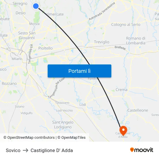 Sovico to Castiglione D' Adda map