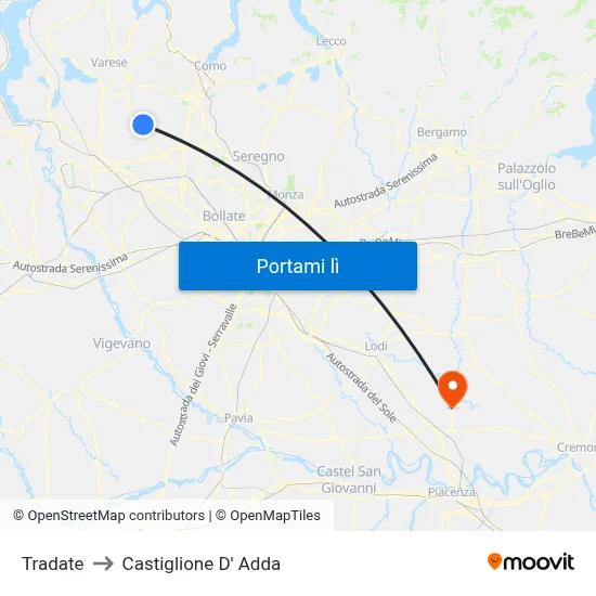 Tradate to Castiglione D' Adda map