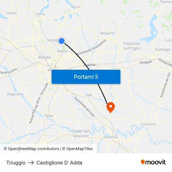 Triuggio to Castiglione D' Adda map