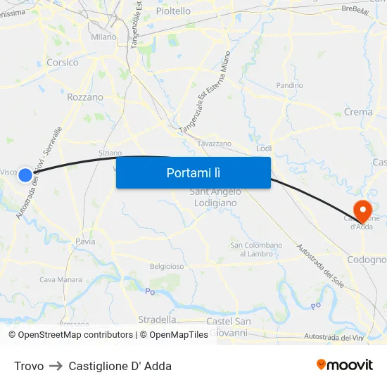 Trovo to Castiglione D' Adda map