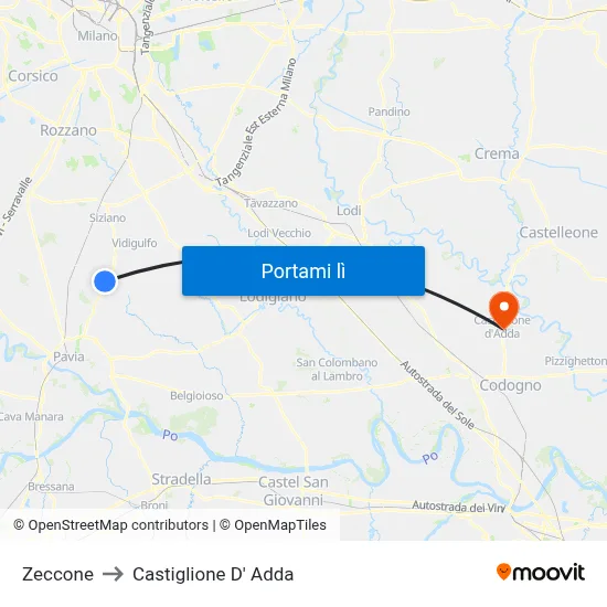 Zeccone to Castiglione D' Adda map