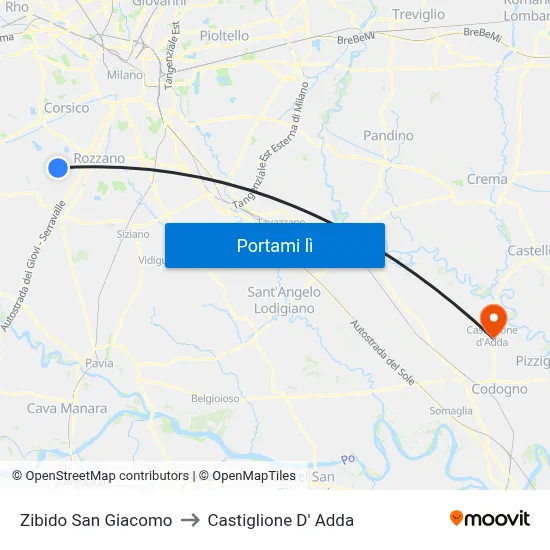 Zibido San Giacomo to Castiglione D' Adda map