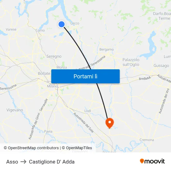 Asso to Castiglione D' Adda map