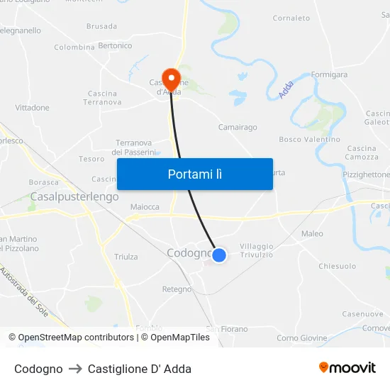 Codogno to Castiglione D' Adda map