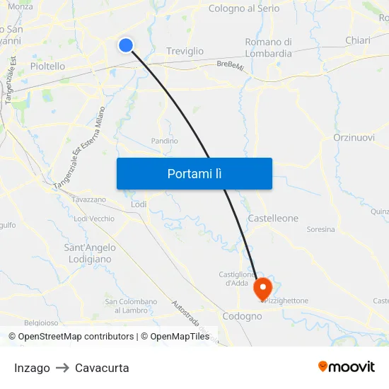 Inzago to Cavacurta map