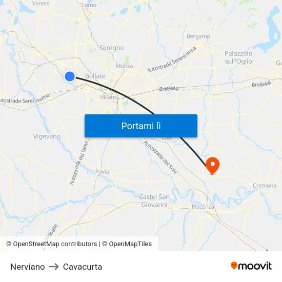 Nerviano to Cavacurta map