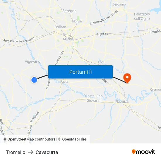 Tromello to Cavacurta map
