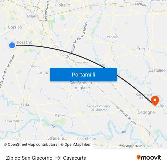 Zibido San Giacomo to Cavacurta map