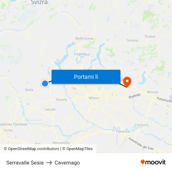 Serravalle Sesia to Cavernago map