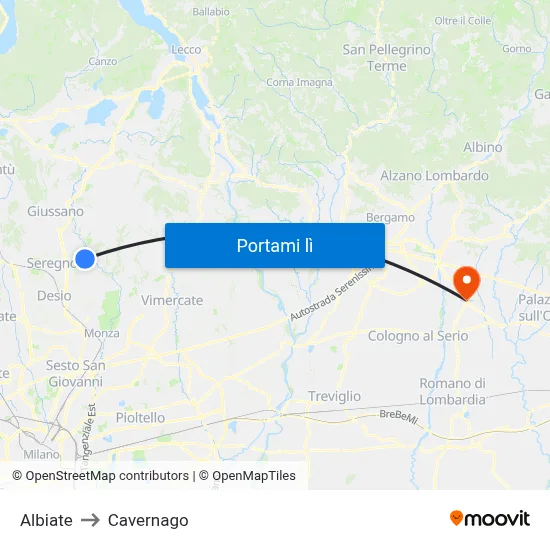 Albiate to Cavernago map