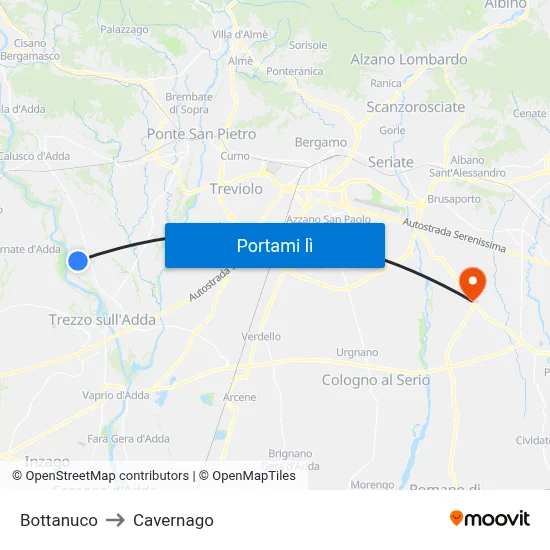 Bottanuco to Cavernago map