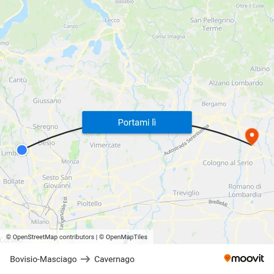 Bovisio-Masciago to Cavernago map