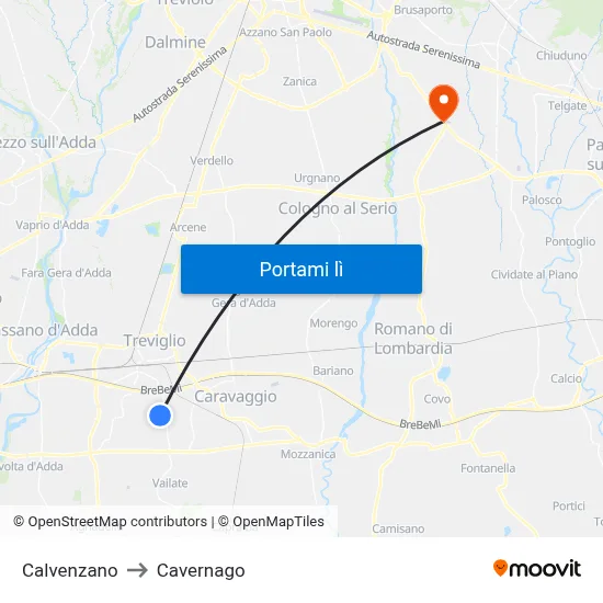 Calvenzano to Cavernago map