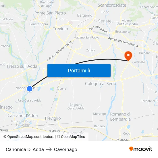 Canonica D' Adda to Cavernago map