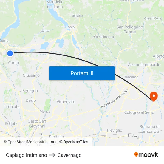 Capiago Intimiano to Cavernago map