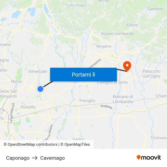 Caponago to Cavernago map