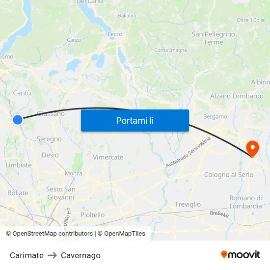 Carimate to Cavernago map