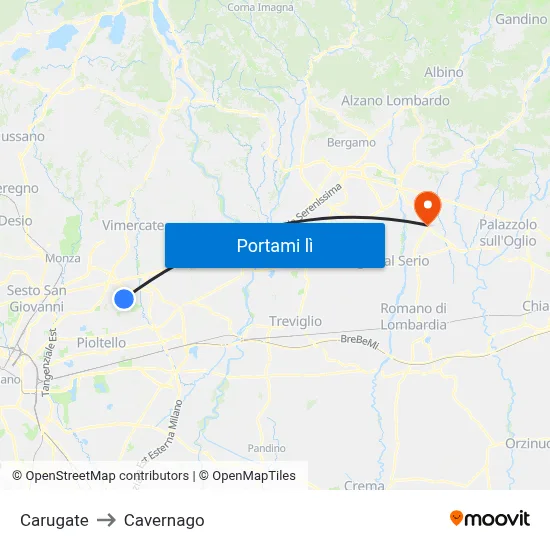 Carugate to Cavernago map