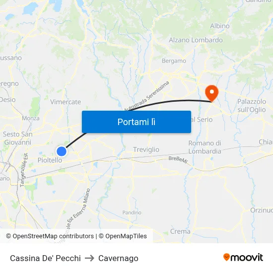 Cassina De' Pecchi to Cavernago map