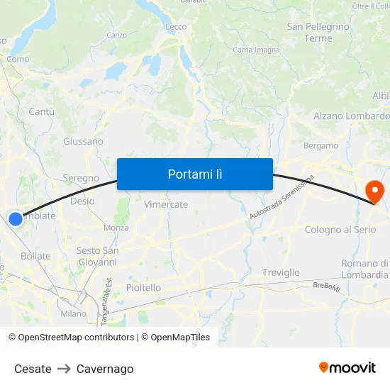 Cesate to Cavernago map