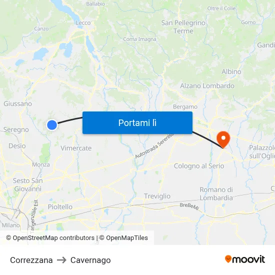 Correzzana to Cavernago map