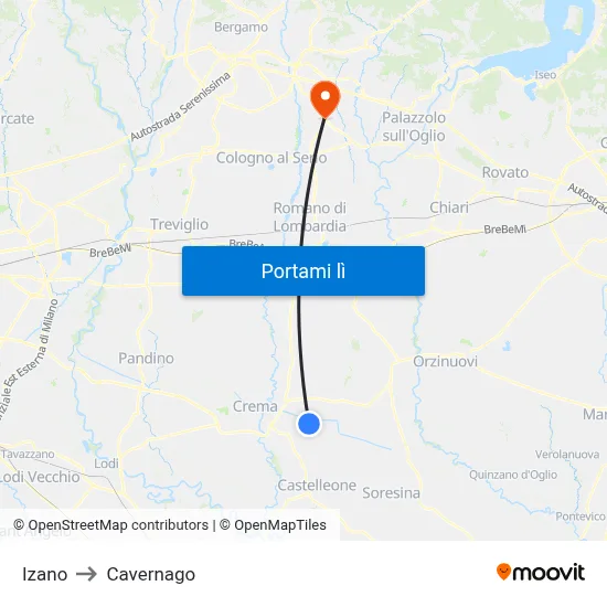 Izano to Cavernago map