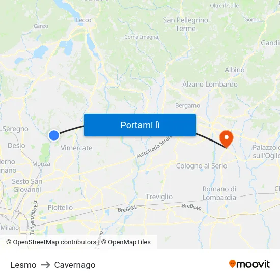 Lesmo to Cavernago map
