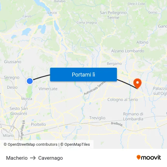 Macherio to Cavernago map